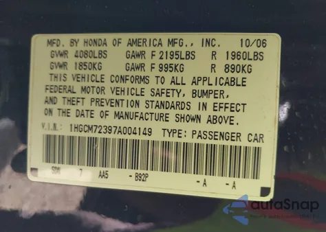 2007 Honda Accord 2.4 Lx z USA, uszkodzony, nr VIN 1HGCM72397A004149